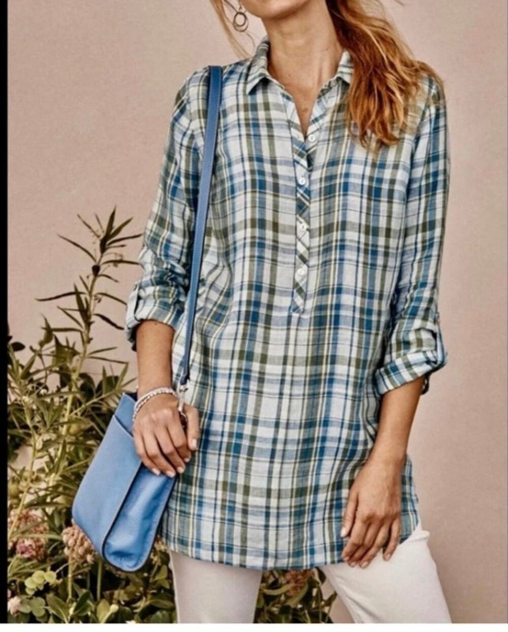 J. Jill Love Linen Tunic Top Medium Petite 100% Linen Plaid Roll Tab Side Pocket